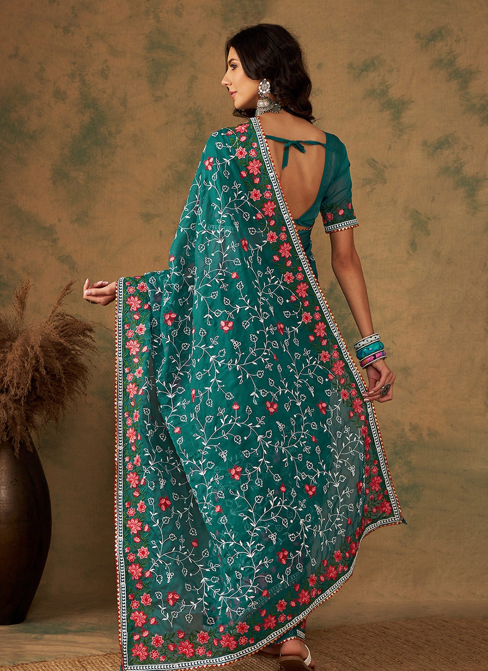 Traditional Embroidered Organza Saree - S7070