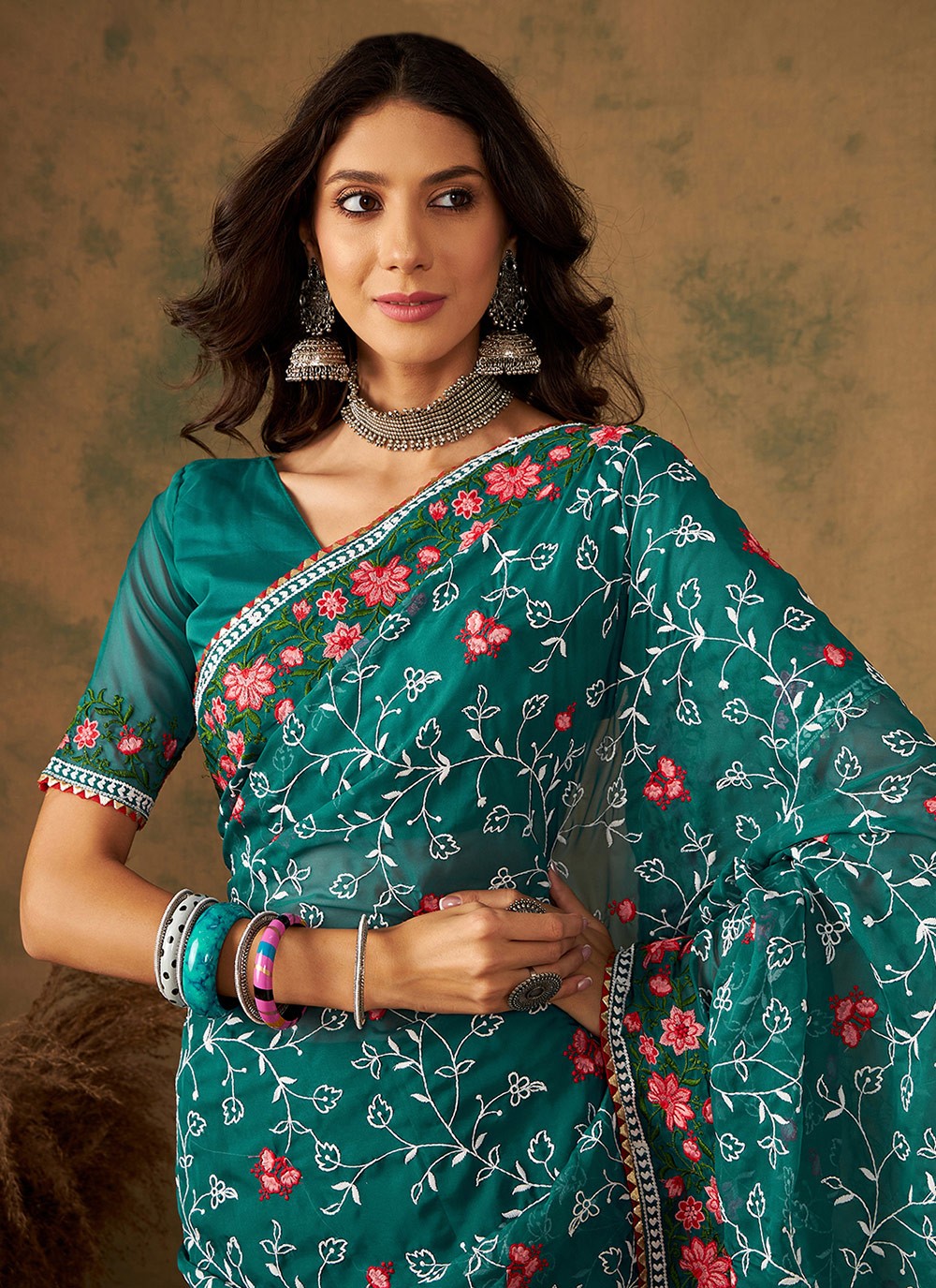 Traditional Embroidered Organza Saree - S7070