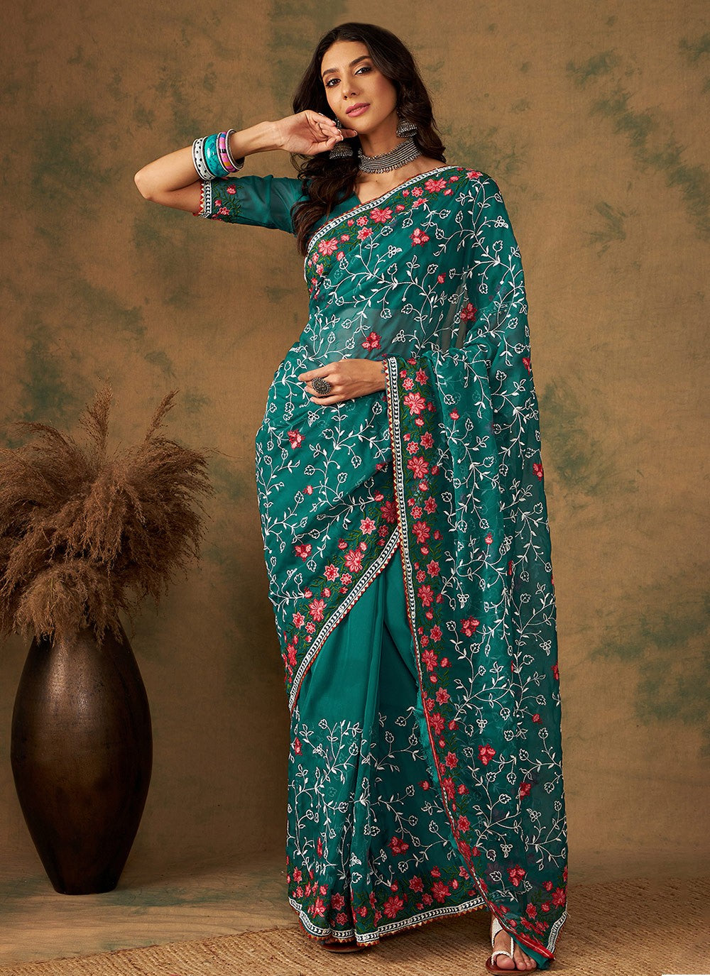 Traditional Embroidered Organza Saree - S7070