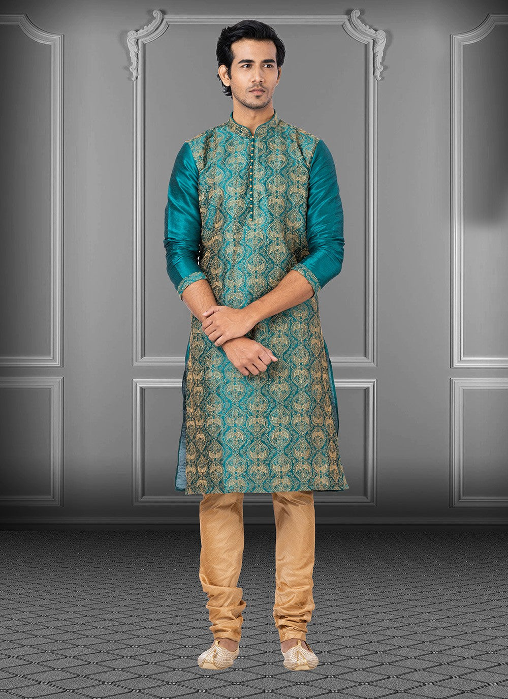 Embroidered Dupion Silk Rama Kurta Pyjama - M3706