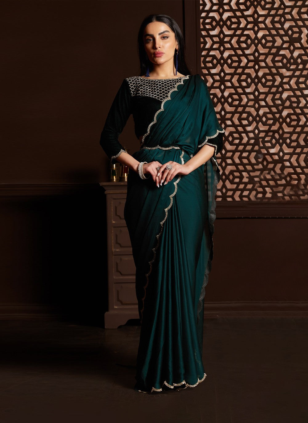 Saree Stones Chiffon, Satin Silk Saree - S3165