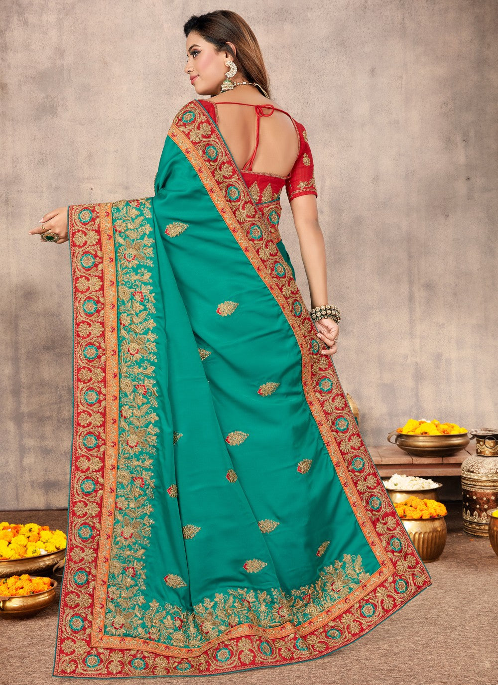 Traditional Embroidered Satin Saree - S0456