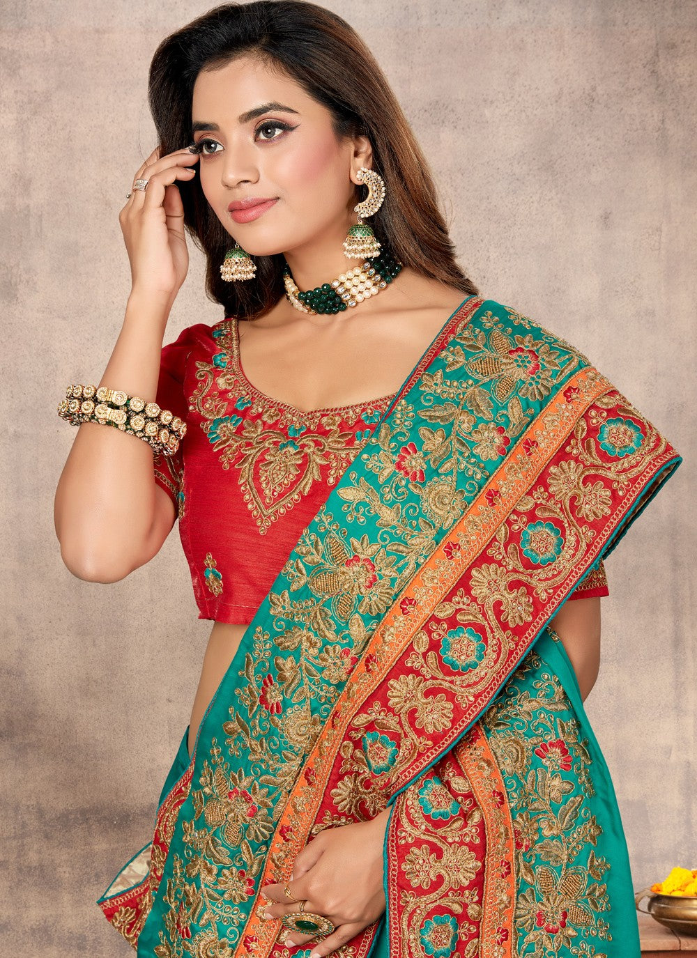 Traditional Embroidered Satin Saree - S0456