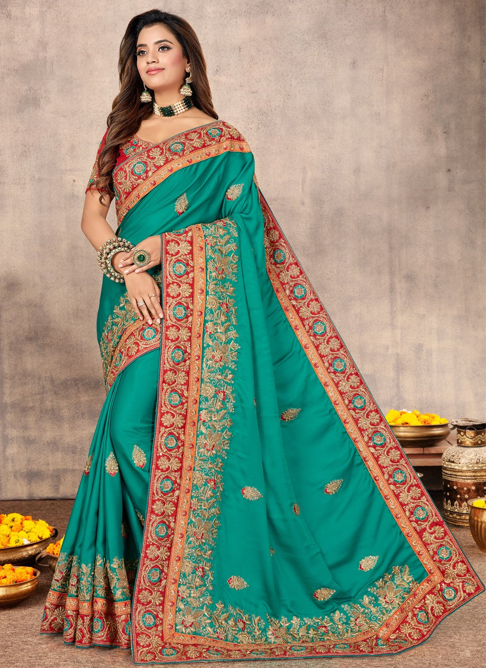 Traditional Embroidered Satin Saree - S0456