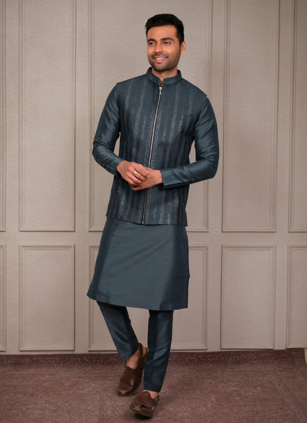 Embroidered Silk Rama Kurta Payjama With Jacket - M8356