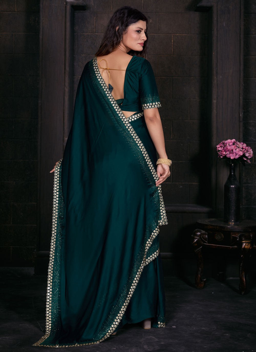 Trendy Border Work Georgette Satin Saree - S5664