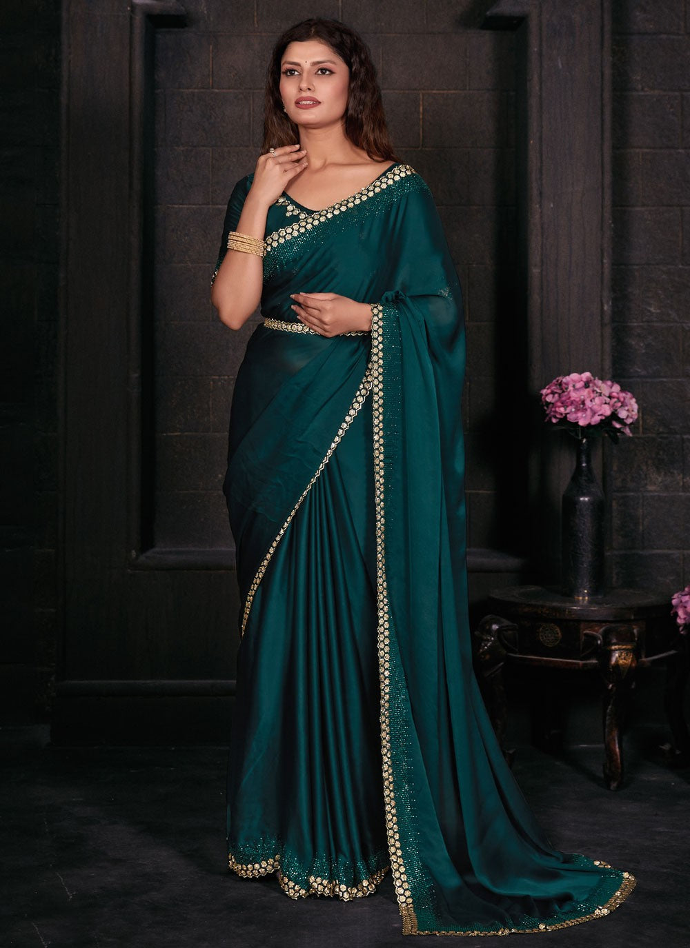 Trendy Border Work Georgette Satin Saree - S5664