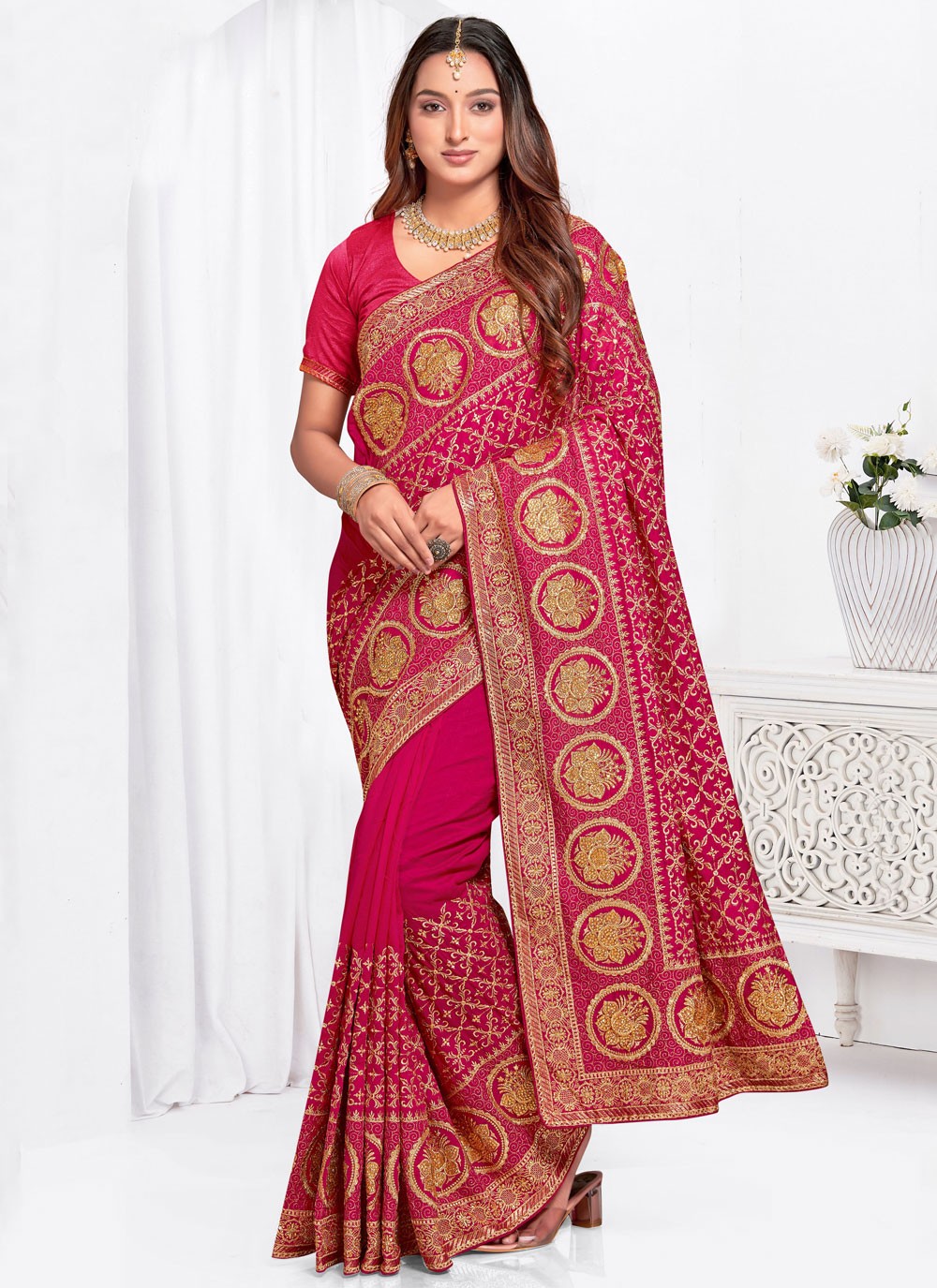 Embroidered, Zari Vichitra Silk Saree - S12102