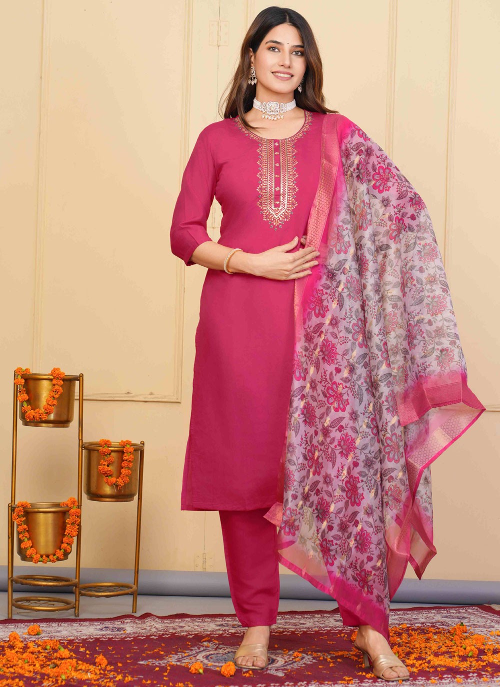 Embroidered Chanderi Pant Style Suit - T4854