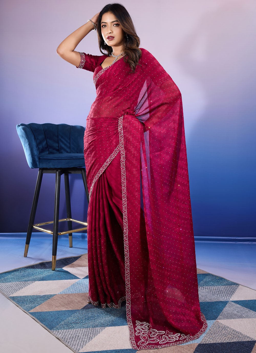 Classic Dimond Chiffon Satin Saree - S9676