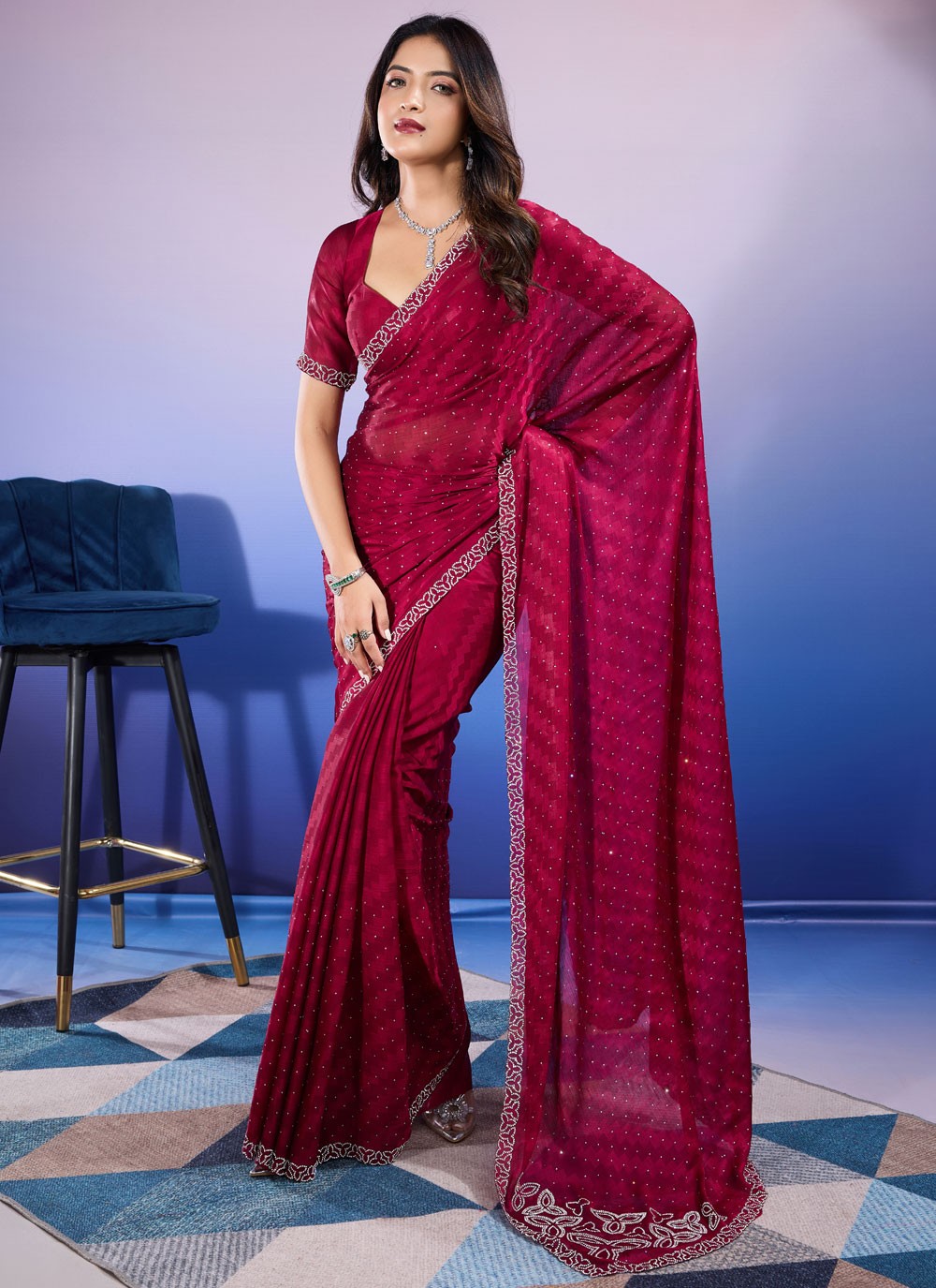 Classic Dimond Chiffon Satin Saree - S9676