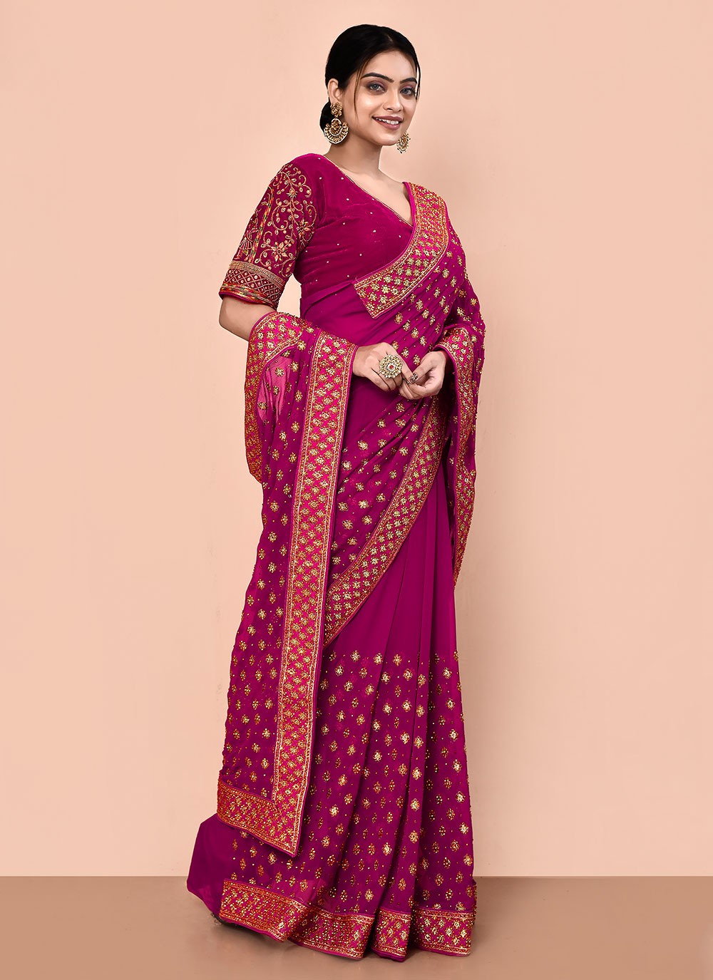 Contemporary Hand Embroidery Georgette Saree - S5499