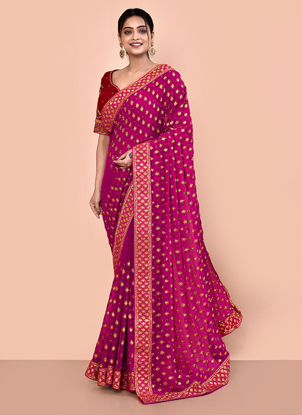 Contemporary Hand Embroidery Georgette Saree - S5499