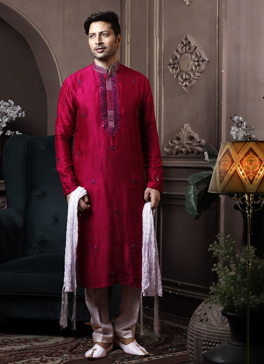 Embroidered Silk Hot Pink Kurta Pyjama - M3642