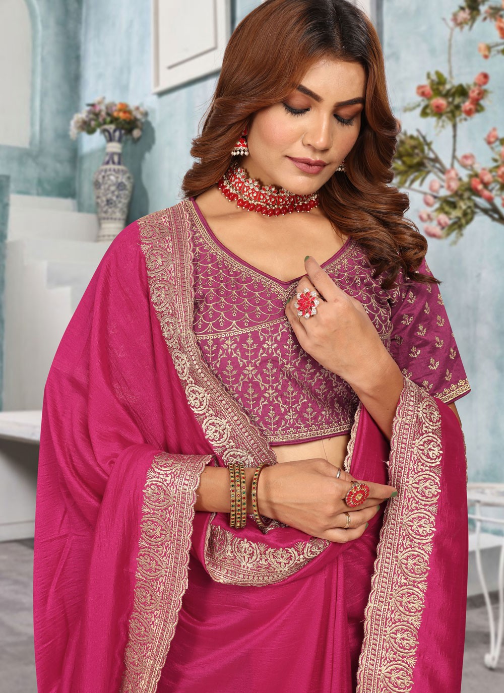 Classic Embroidered Vichitra Silk Saree - S10372