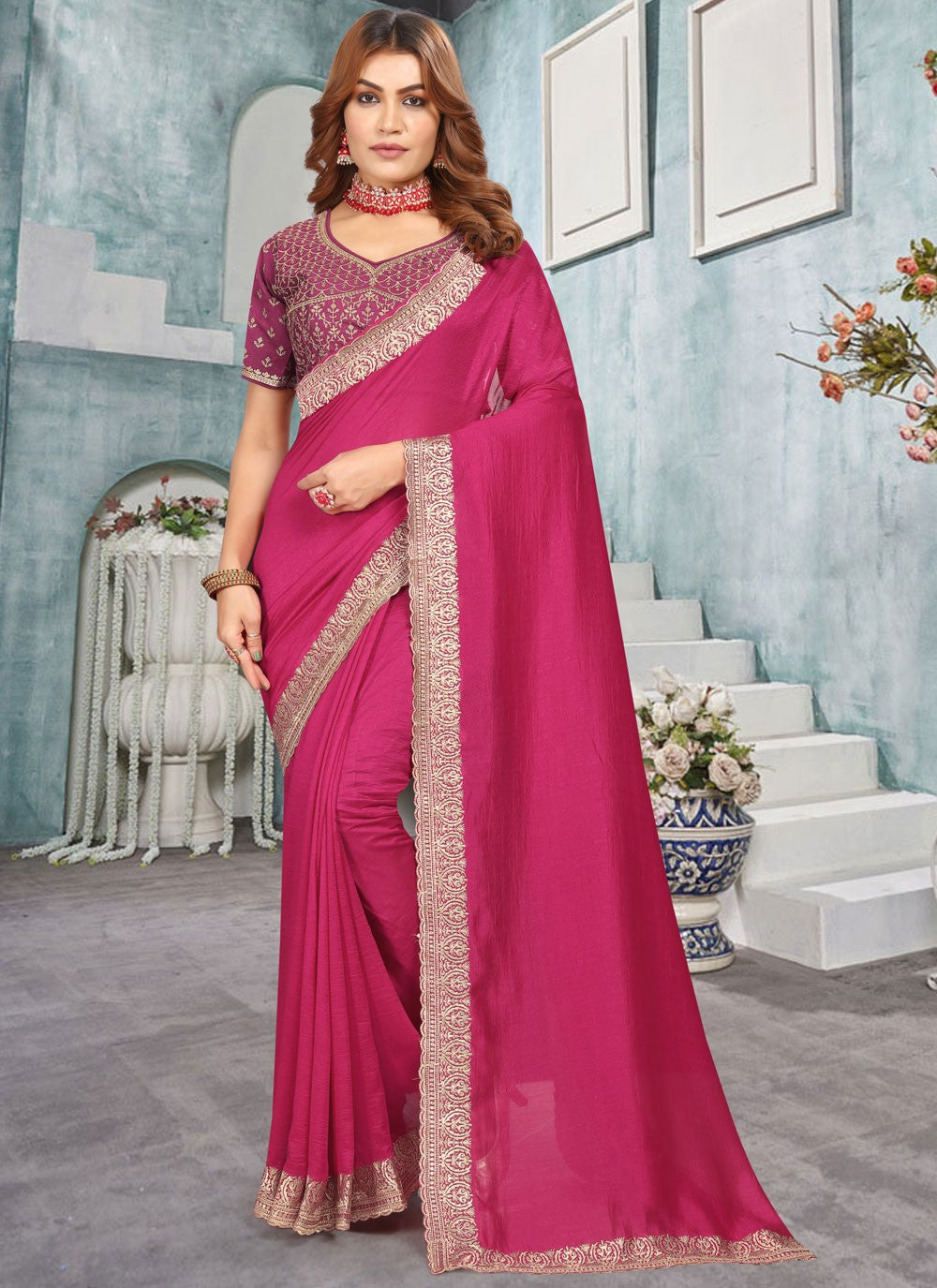 Classic Embroidered Vichitra Silk Saree - S10372