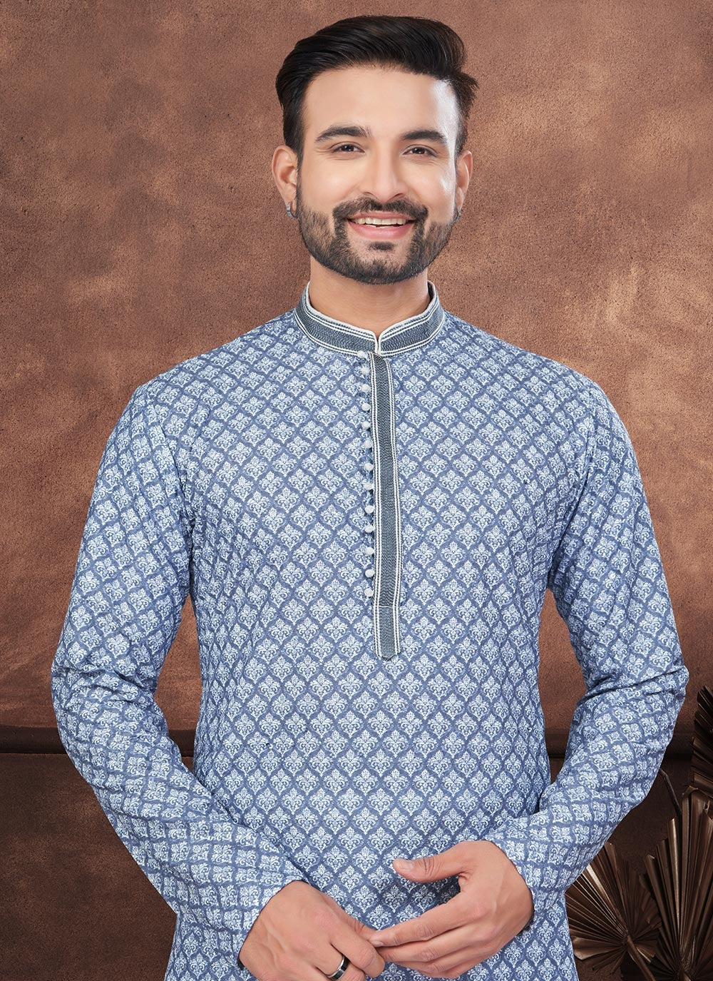 Digital Print Rayon Blue Kurta Pyjama - M8696