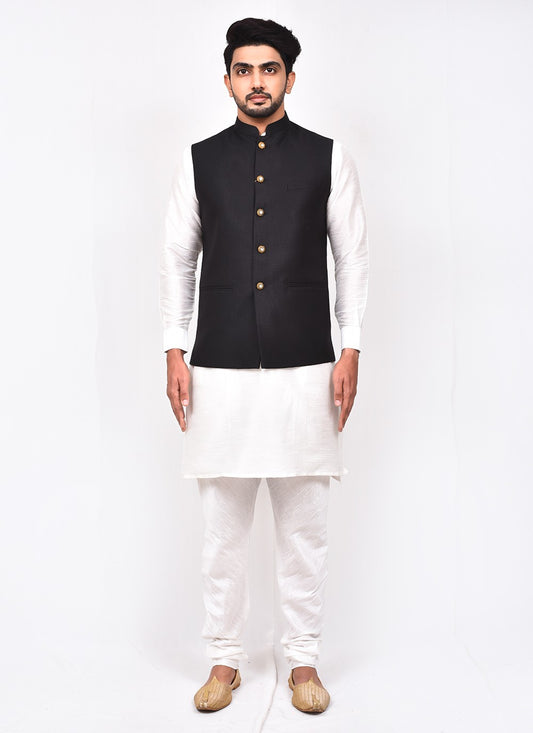 Buttons Art Silk, Rayon Black, White Kurta Payjama With Jacket - M3268