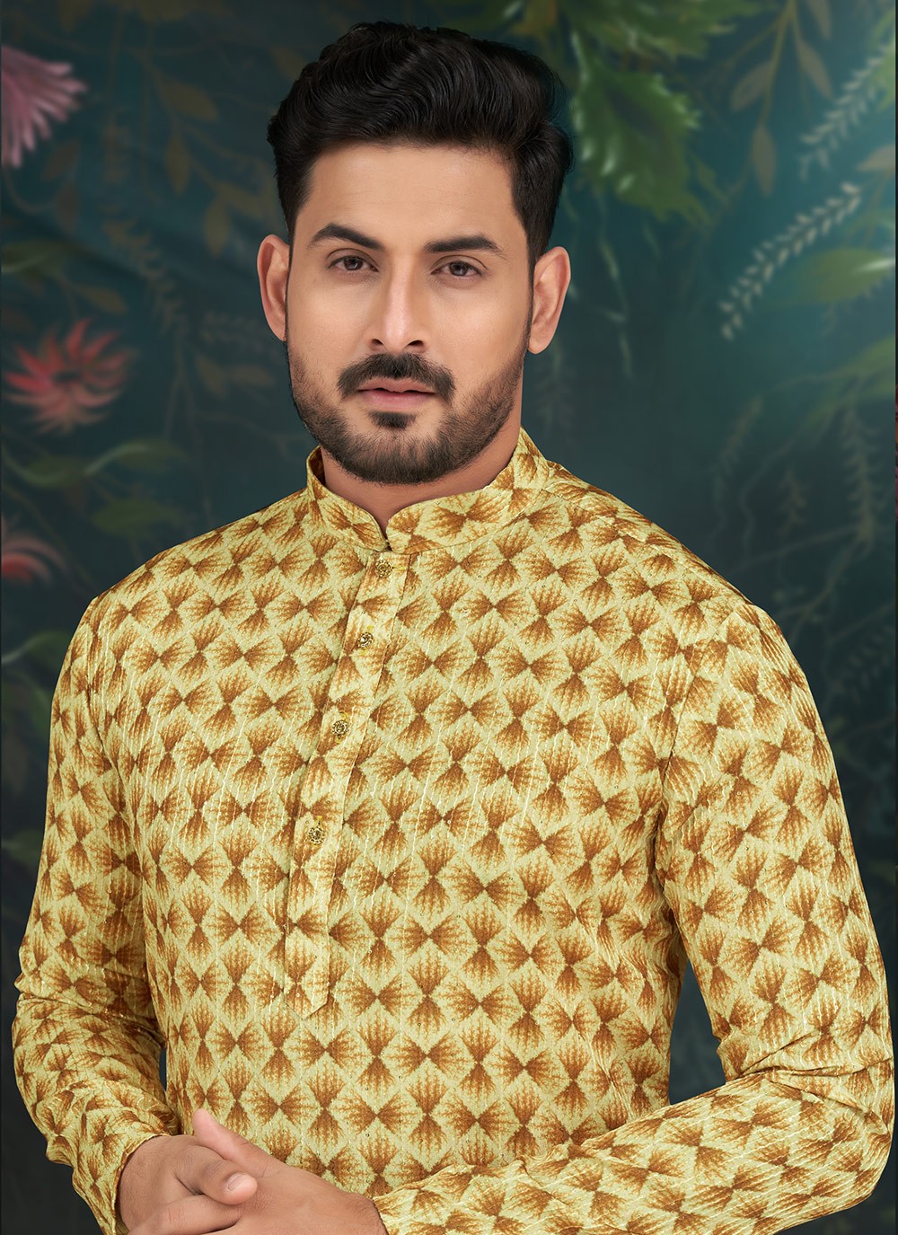 Embroidered Rayon Beige, Yellow Kurta Pyjama - M6582