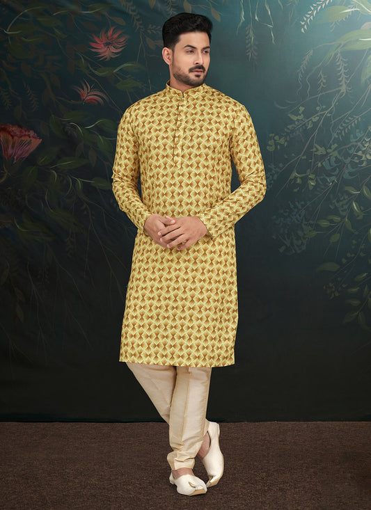 Embroidered Rayon Beige, Yellow Kurta Pyjama - M6582