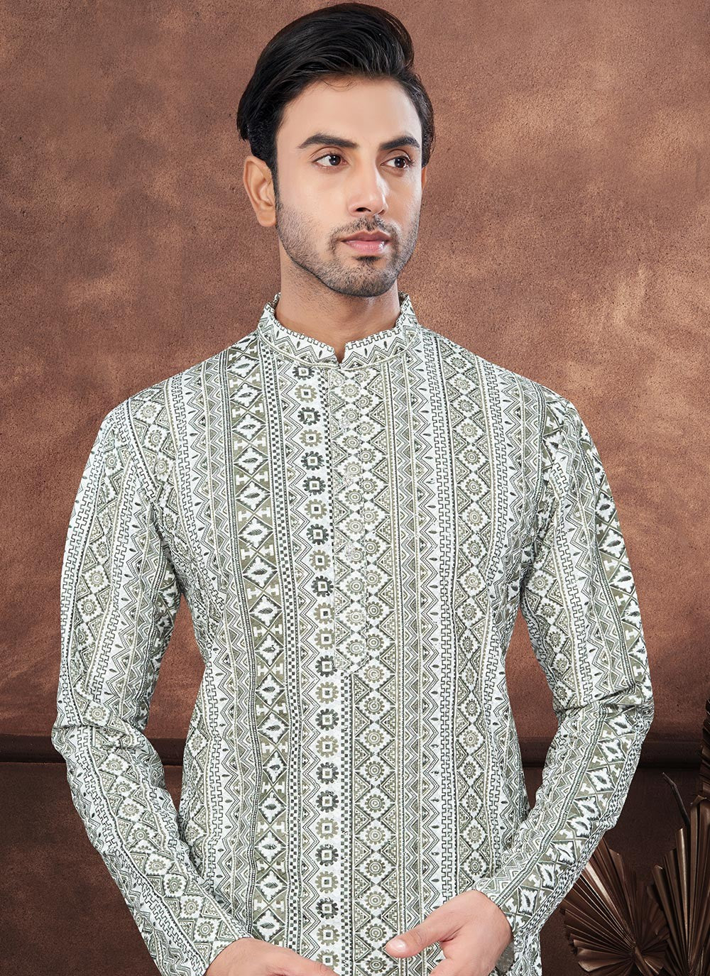 Digital Print Rayon Green, Off White Kurta Pyjama - M8681