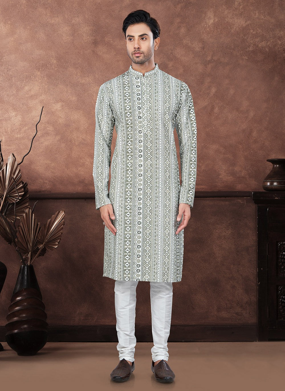 Digital Print Rayon Green, Off White Kurta Pyjama - M8681