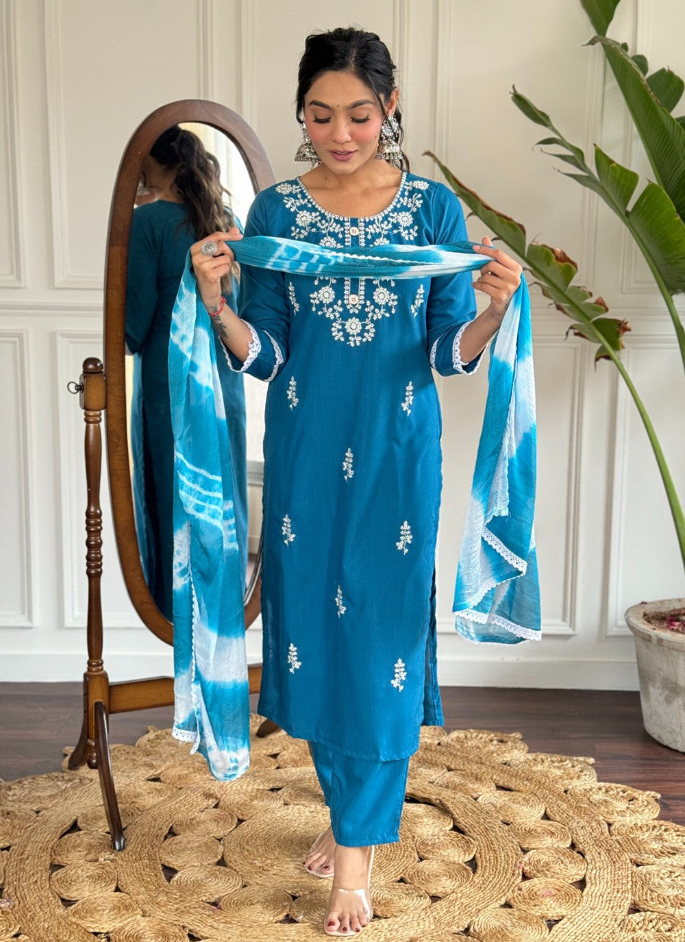 Embroidered Rayon Pant Style Suit - T4677