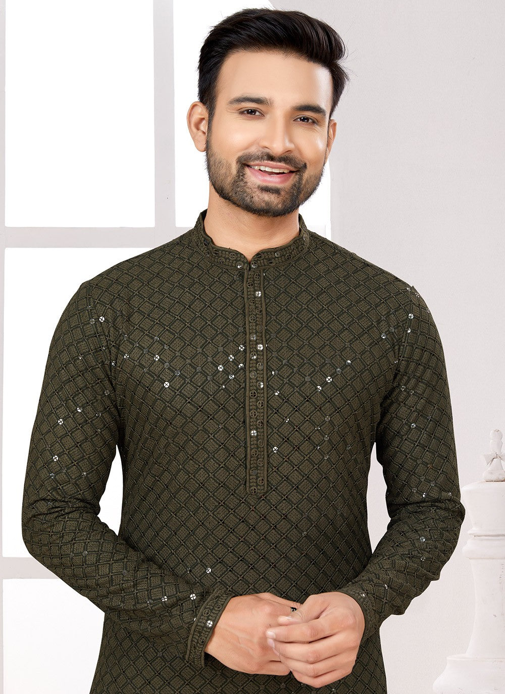 Fancy Work Rayon Green Kurta Pyjama - M6677