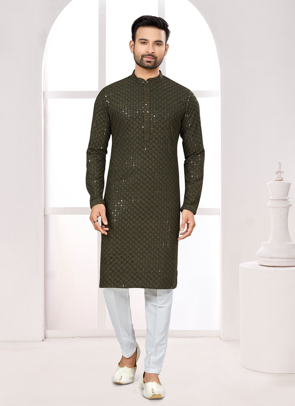 Fancy Work Rayon Green Kurta Pyjama - M6677