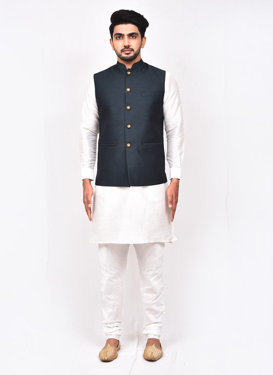 Buttons Art Silk, Rayon Grey, White Kurta Payjama With Jacket - M3273