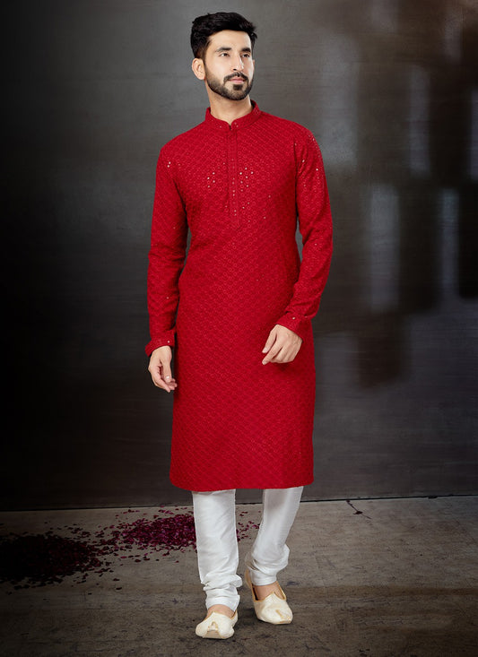 Lucknowi Work Rayon Red Kurta Pyjama - M4782