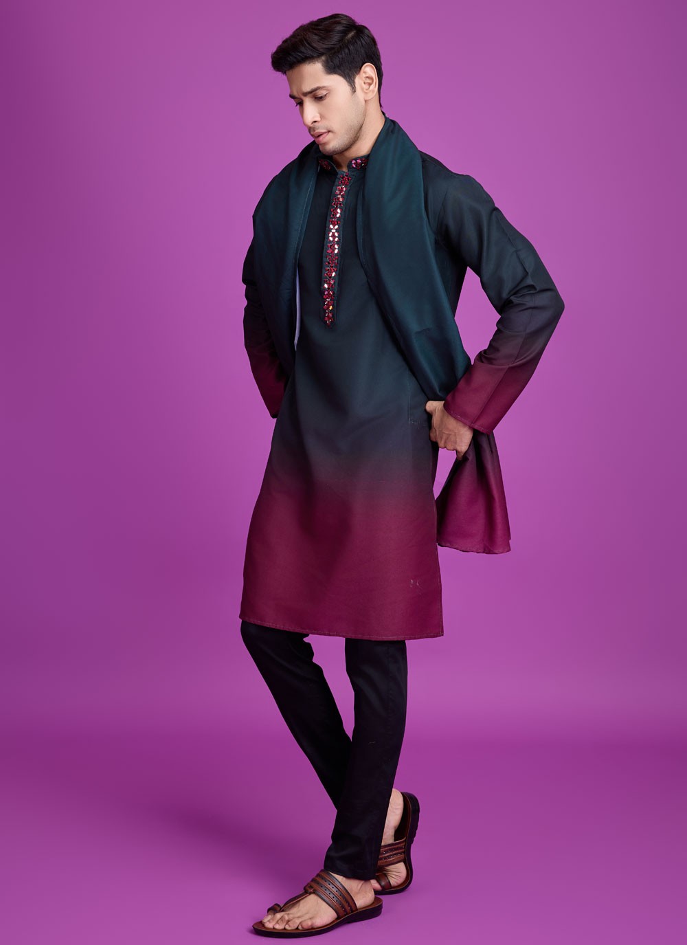 Mirror Rayon Maroon, Teal Kurta - M8312