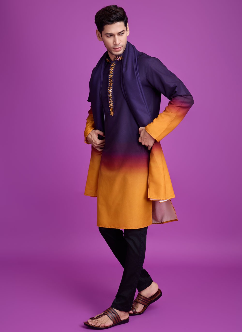 Mirror Rayon Mustard, Navy Blue Kurta - M8311