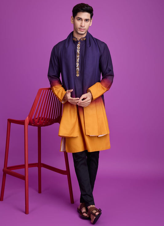 Mirror Rayon Mustard, Navy Blue Kurta - M8311