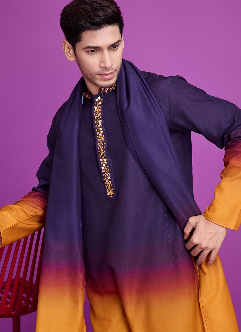 Mirror Rayon Mustard, Navy Blue Kurta - M8311