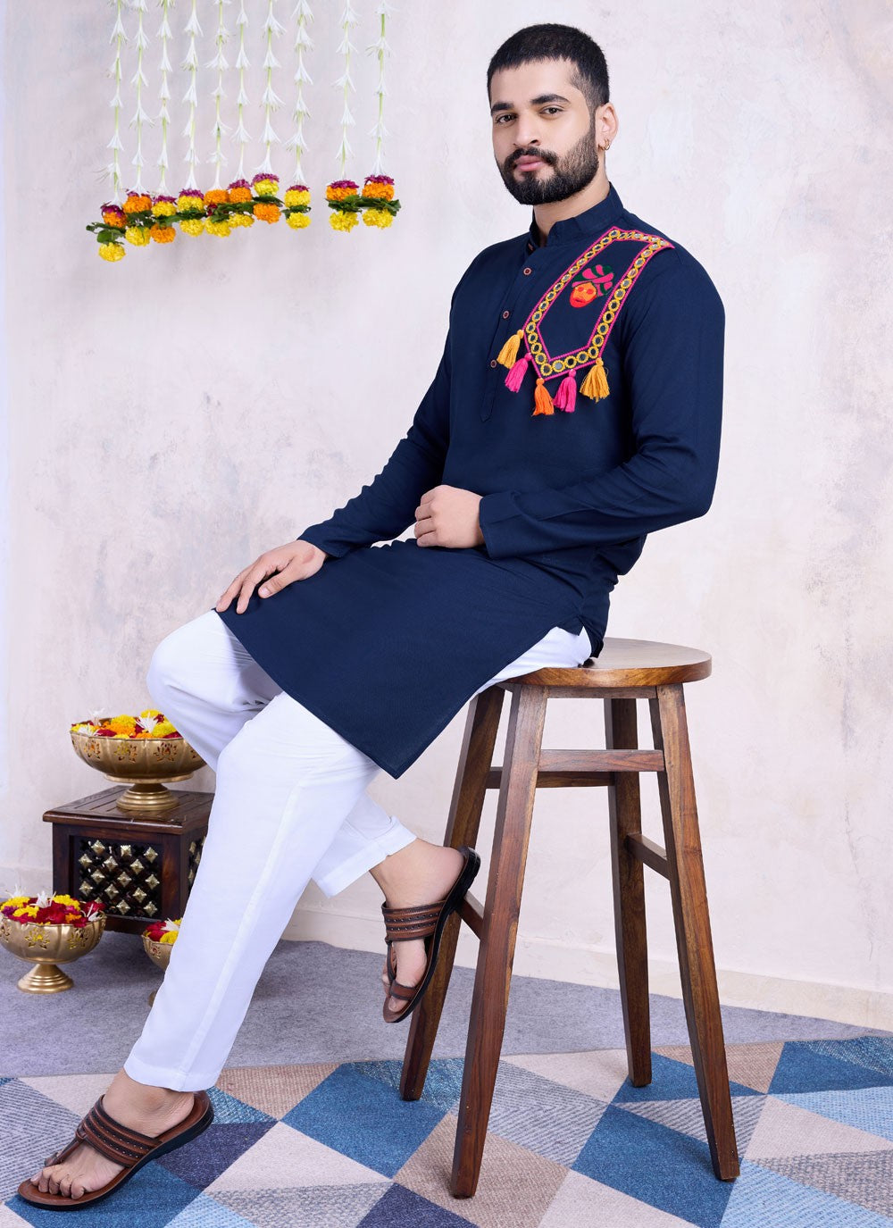 Embroidered Rayon Navy Blue Kurta - M8592