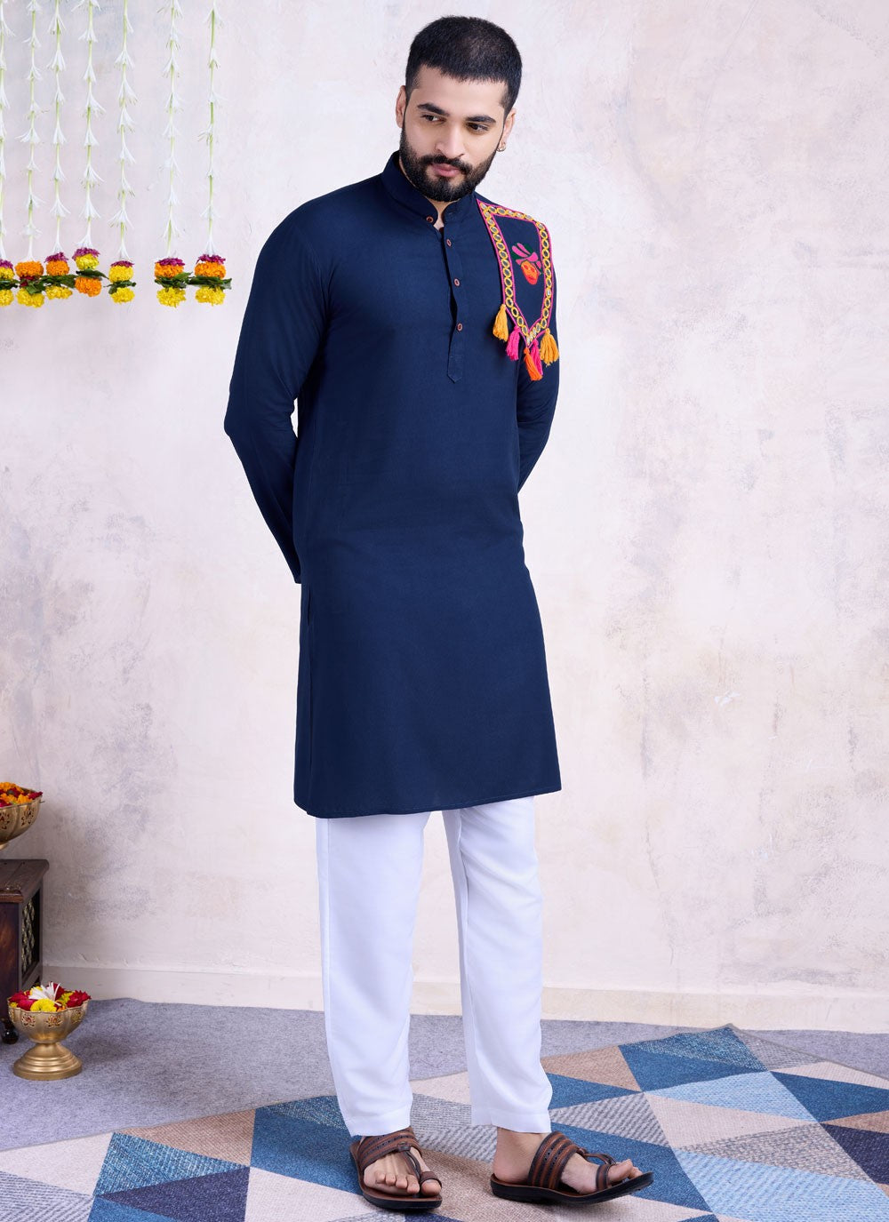 Embroidered Rayon Navy Blue Kurta - M8592