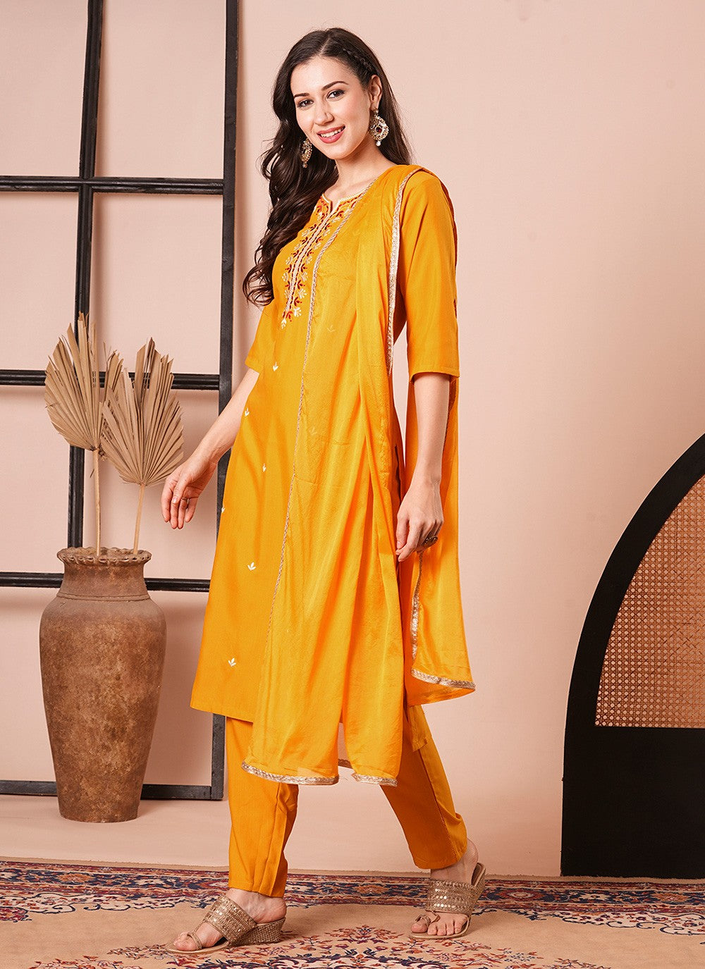 Embroidered Rayon Pant Style Suit - T4316