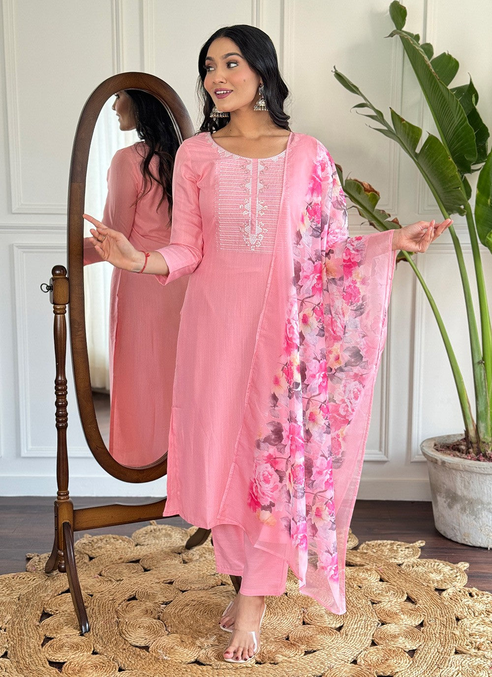 Embroidered Rayon Pant Style Suit - T4726