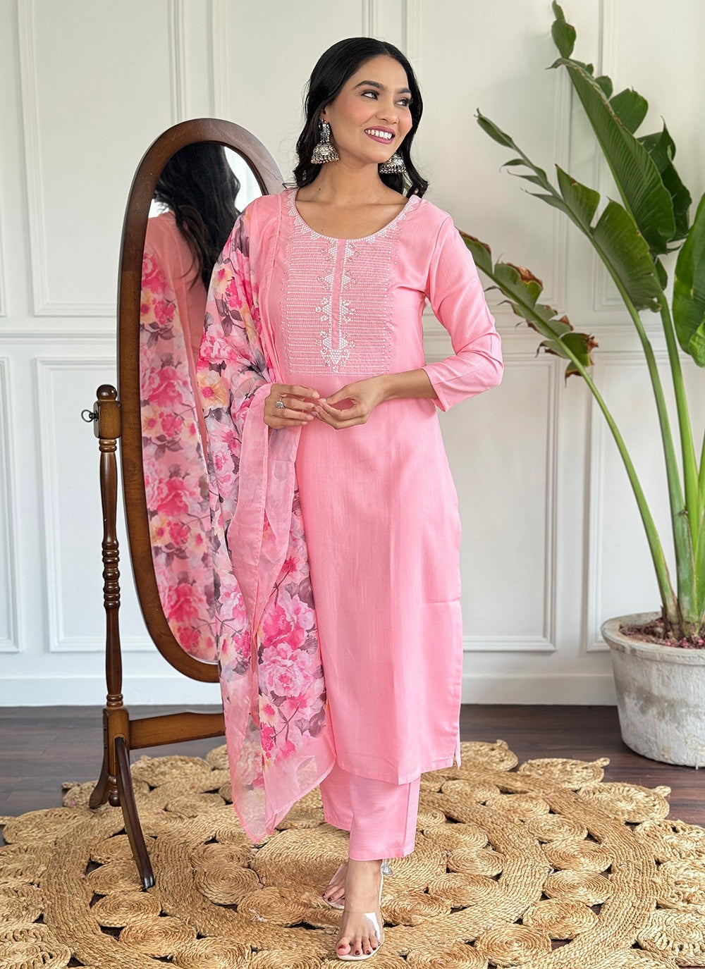 Embroidered Rayon Pant Style Suit - T4726