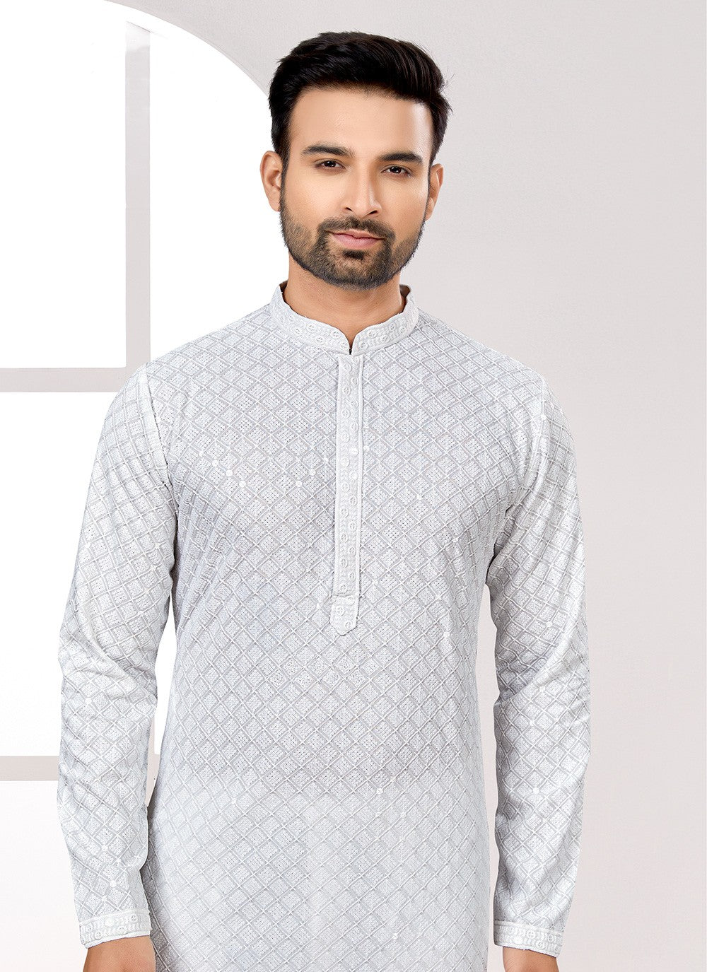 Fancy Work Rayon Off White Kurta Pyjama - M6683