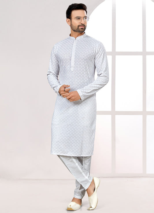 Fancy Work Rayon Off White Kurta Pyjama - M6683