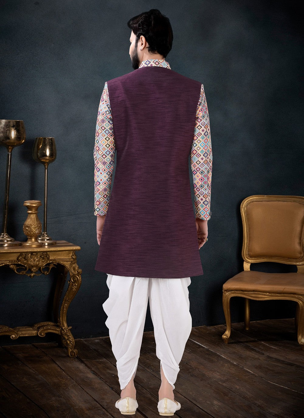 Sequins Rayon, Silk Wine Indo Western Sherwani - M4439