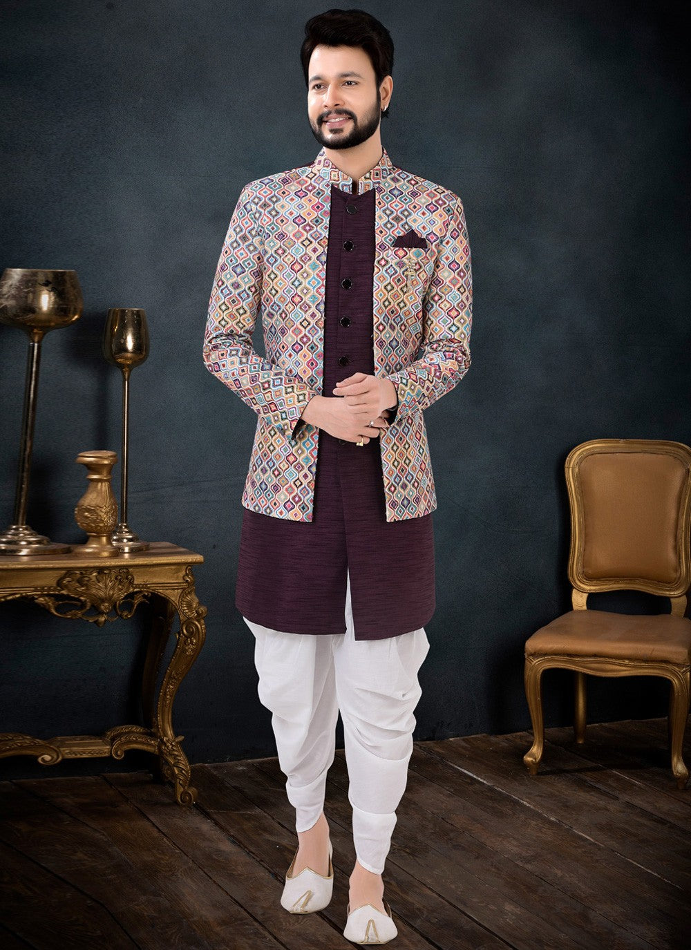 Sequins Rayon, Silk Wine Indo Western Sherwani - M4439