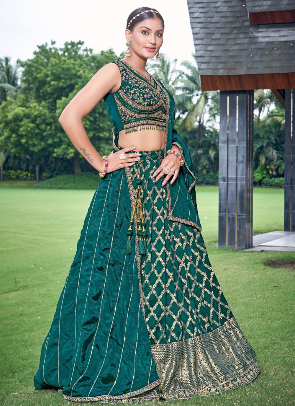 Embroidered Jacquard Silk, Viscose Lehenga - L3125