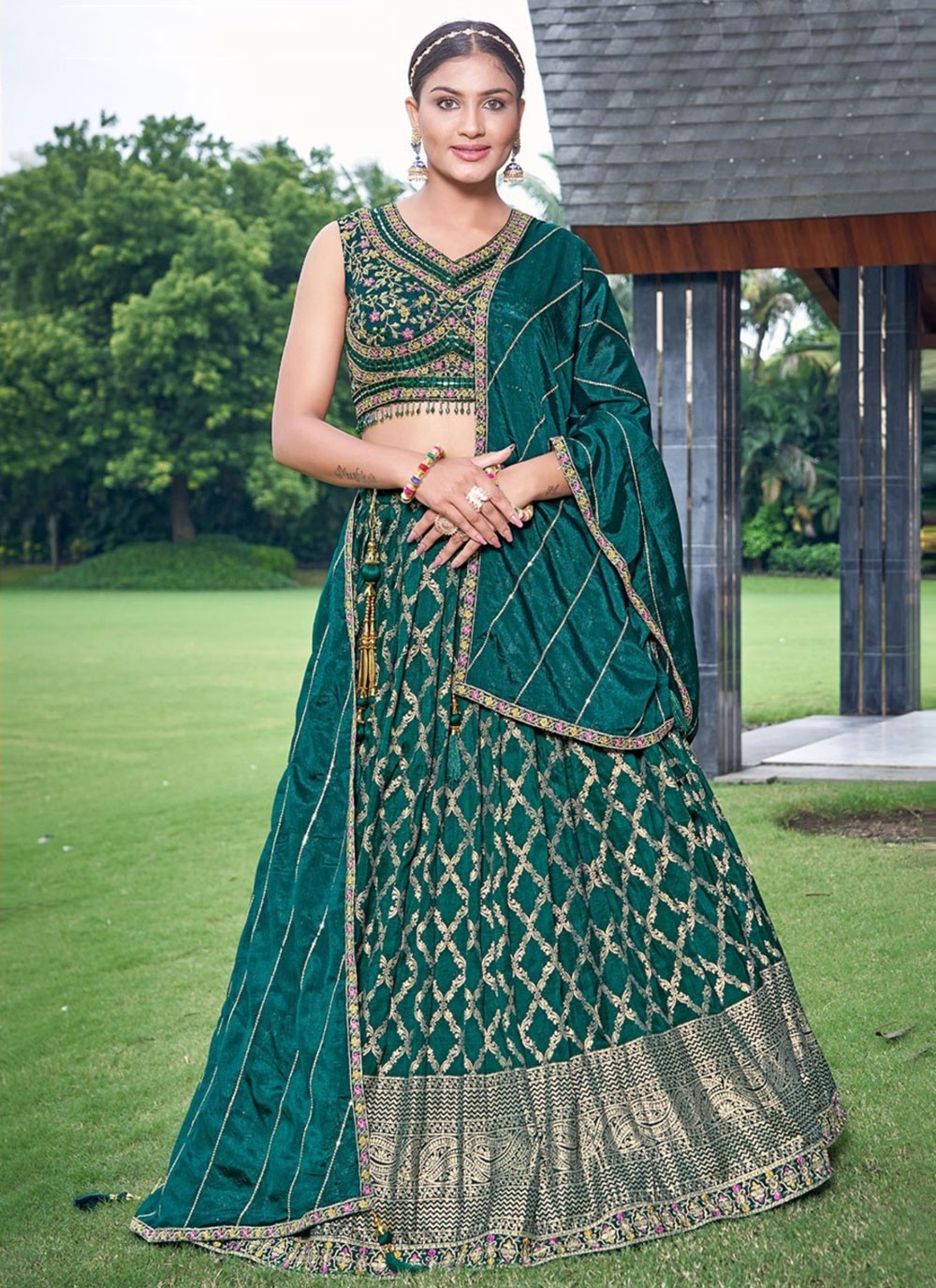 Embroidered Jacquard Silk, Viscose Lehenga - L3125