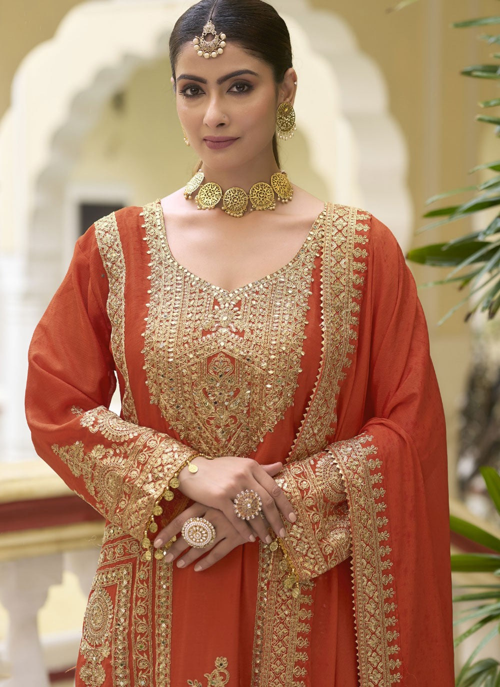 Embroidered Chinon Palazzo Suit - T4553