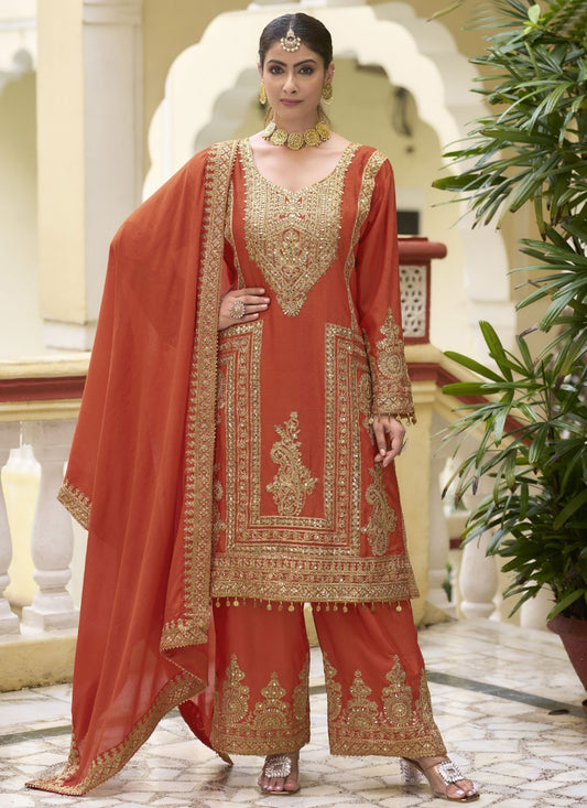 Embroidered Chinon Palazzo Suit - T4553