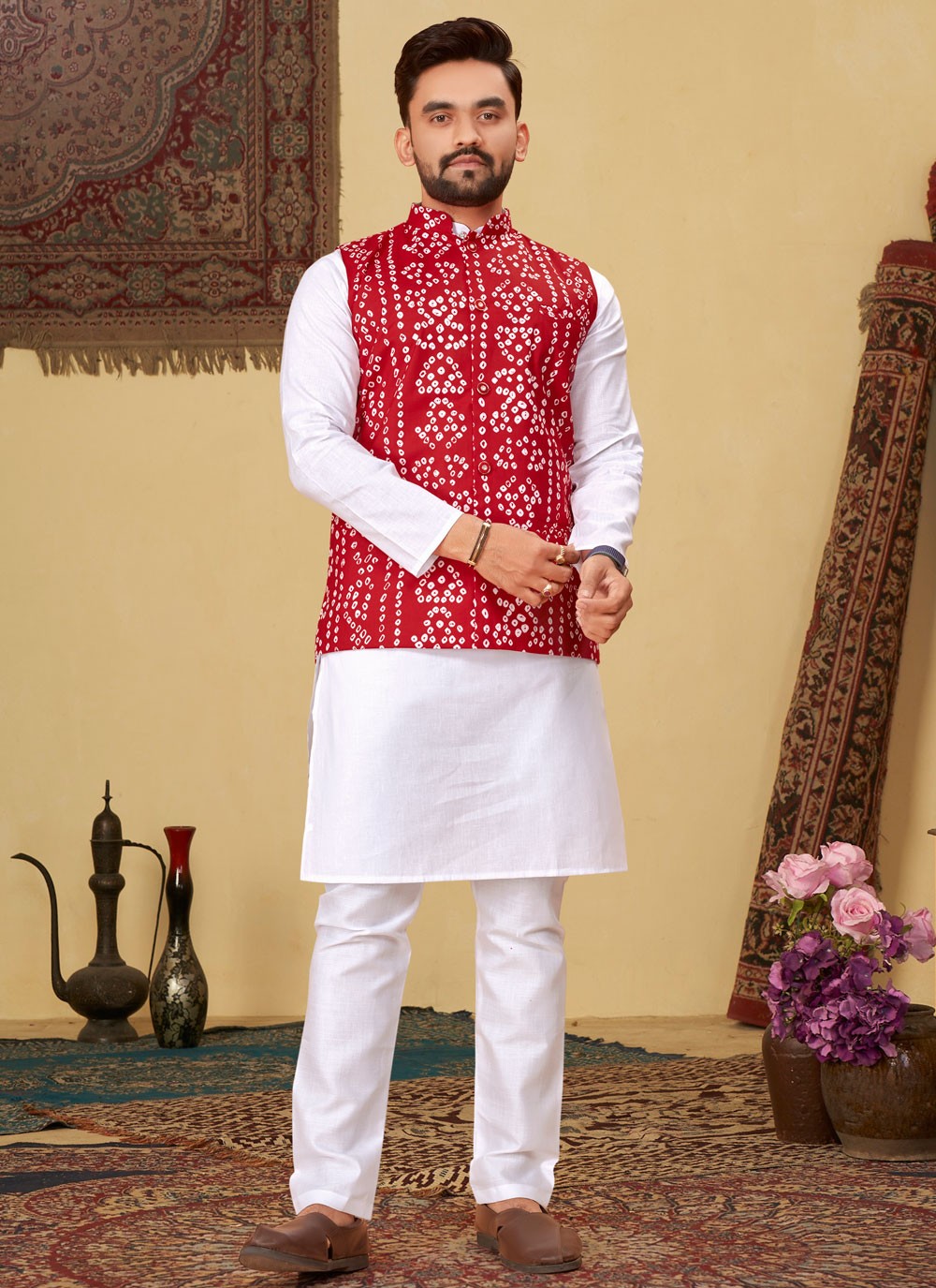 Bandhej Cotton Red, White Kurta Payjama With Jacket - M7777