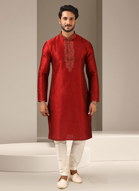 Embroidered Banarasi Silk Red Kurta Pyjama - M3250